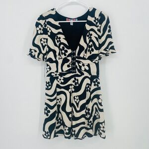 Urban Outfitters Bl Aritha Hook & Eye Black Cream Groovy Floral Mini Dress sz M